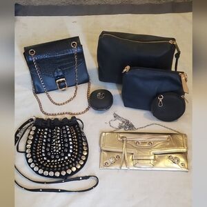Lot x 7 Black & Gold Purse Bag Crossbody Clutch Makeup Bag Bundle